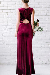 Winter Burgundy Sleeveless Velvet Formal Wedding Guest Dresses Long - MyChicDress